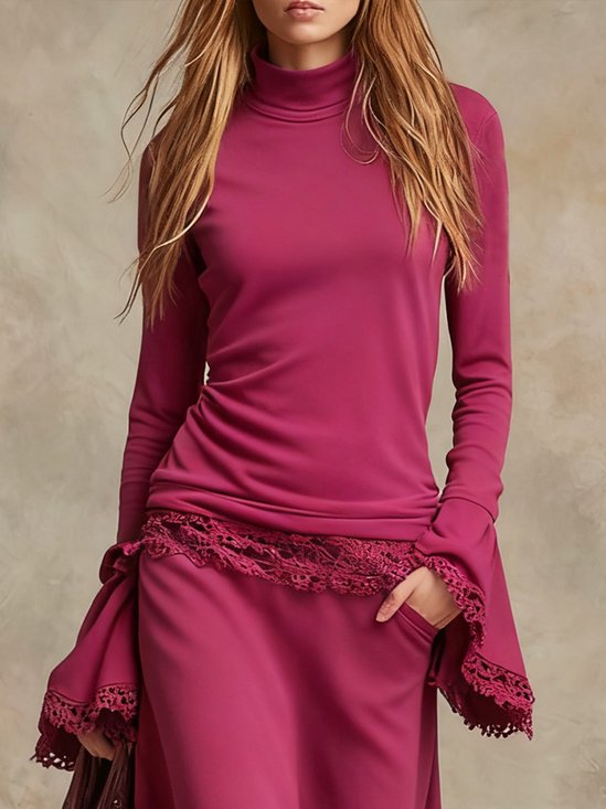 Casual Plain Lace Edge Polo Collar Bell Sleeve T-shirt