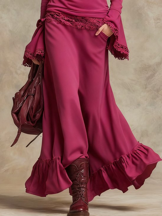 Casual Peplum Plain Maxi Skirt