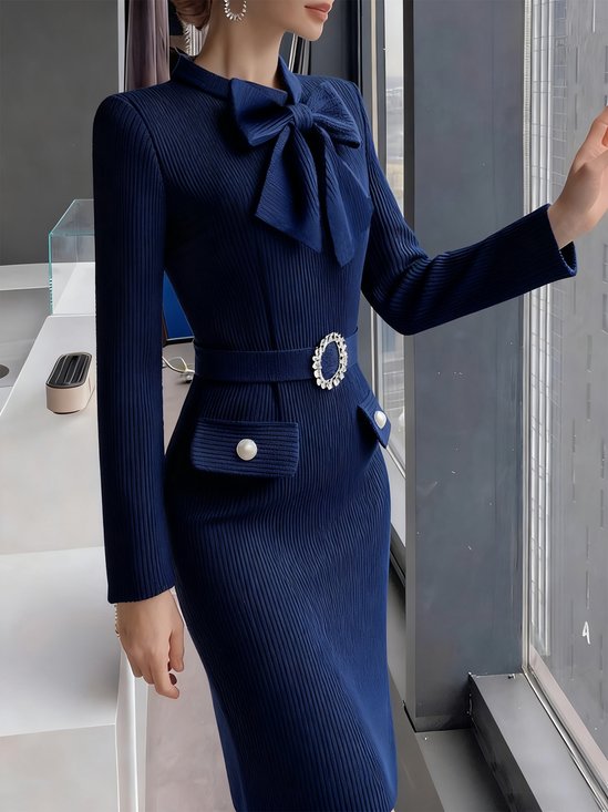 Elegant Plain Bow Sweater Knee Length Dress