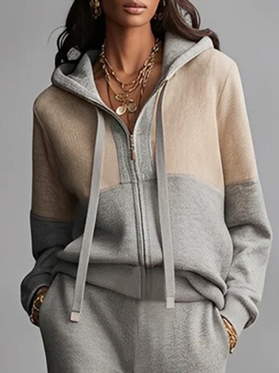 Casual Zipper Color Block Hoodie