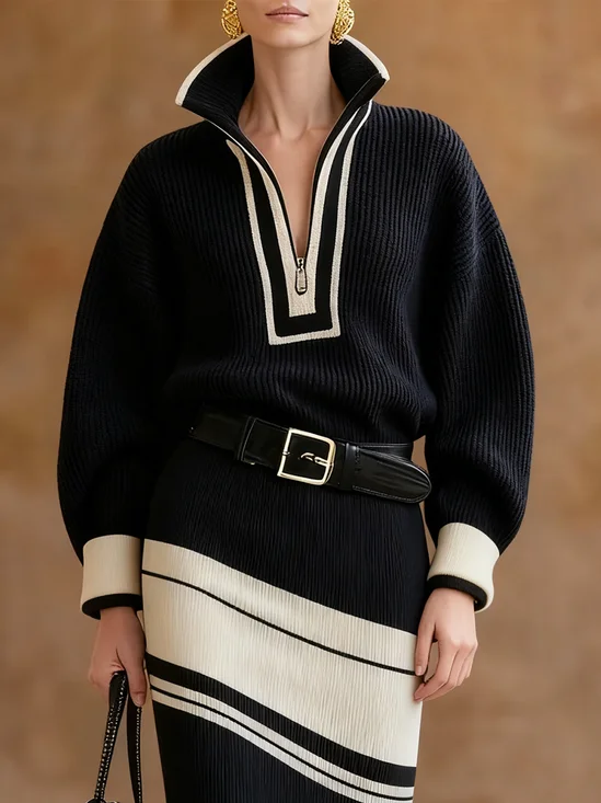 Urban Color Block Mock Neck Loosen Sweater