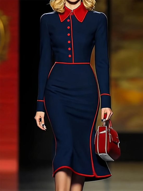 Elegant Color Block Buttoned Shawl Collar Knee Length Dress