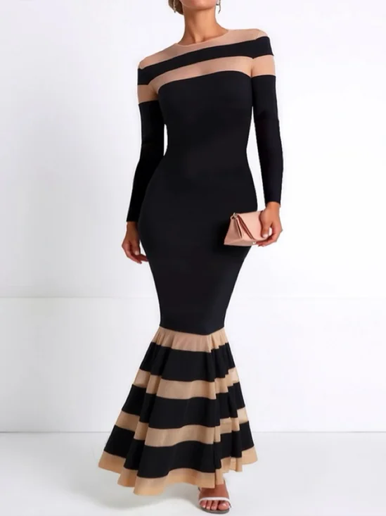 Elegant Plain Split Joint Crew Neck Mermaid Maxi Dress