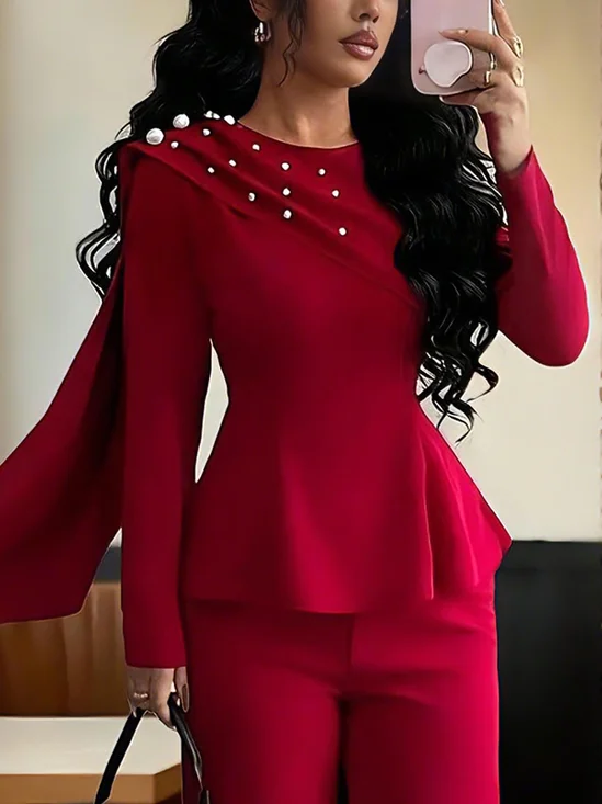 Elegant Plain Asymmetric Crew Neck Blouse