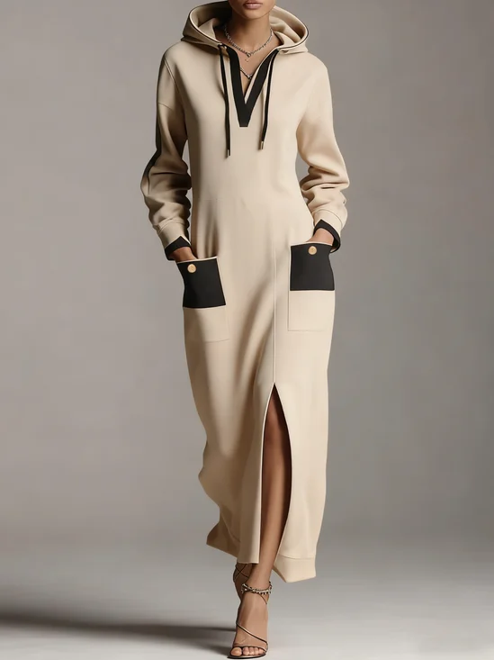 Casual Color Block Slit Hoodie Maxi Dress