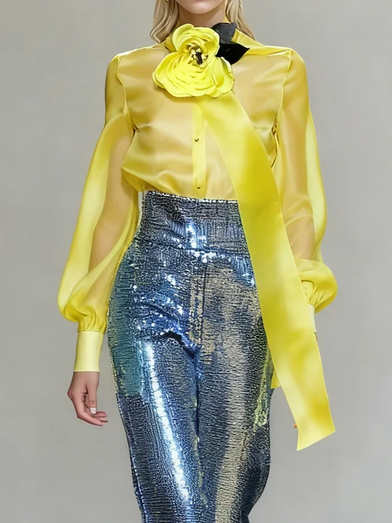 Elegant Plain 3D Floral Stand Collar Shirt