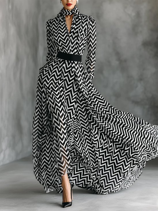 Urban Geometric Printing Stand Collar Maxi Dress