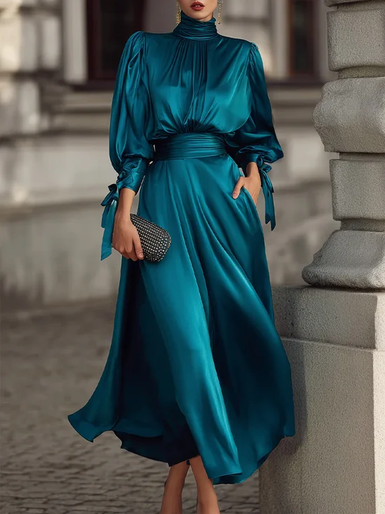Elegant Plain Stand Collar Midi Dress With Belt