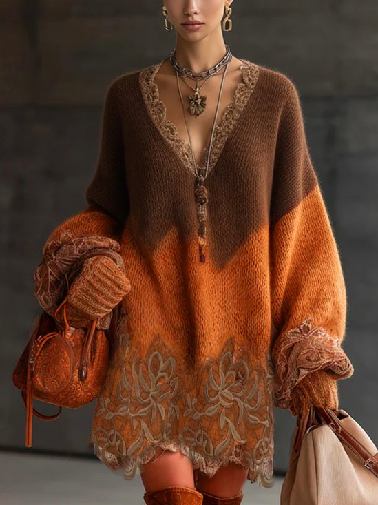 Urban Color Block Balloon Sleeve Lace Knee Length Dress