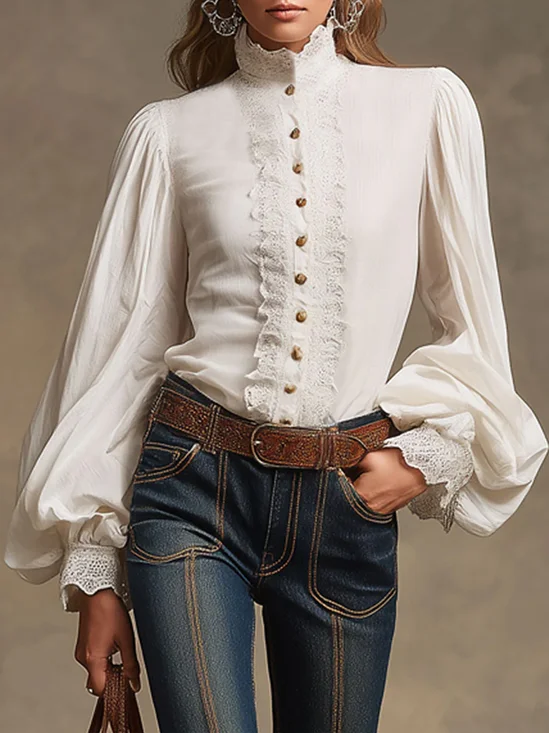 Cotton Urban Plain Lace Edge Stand Collar Balloon Sleeve Shirt