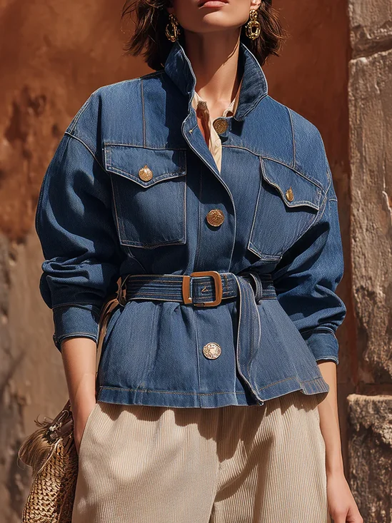 Casual Plain Shirt Collar Denim Jacket With Belt