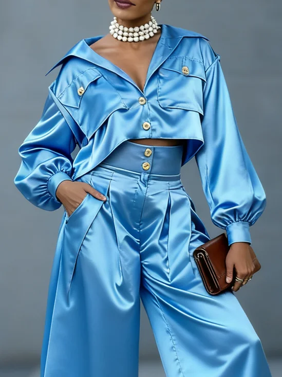 Satin Urban Plain Shirt Collar Shirt