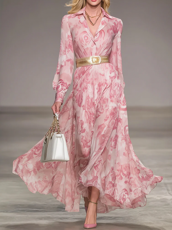 Elegant Floral Shirt Collar Maxi Dress No Belt
