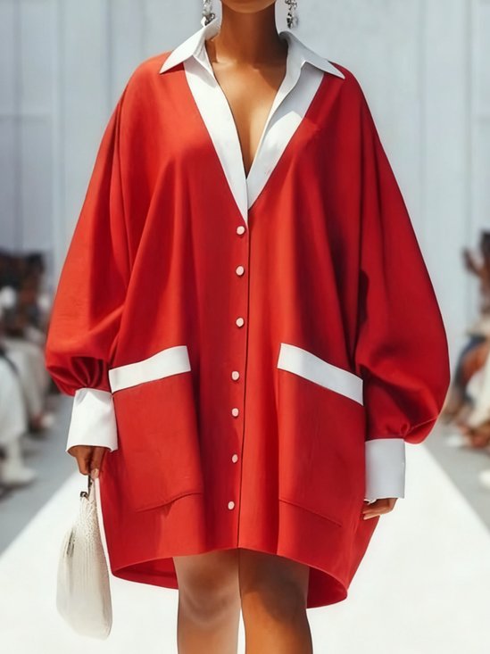 Urban Color Block  Shirt Collar Knee Length Dress