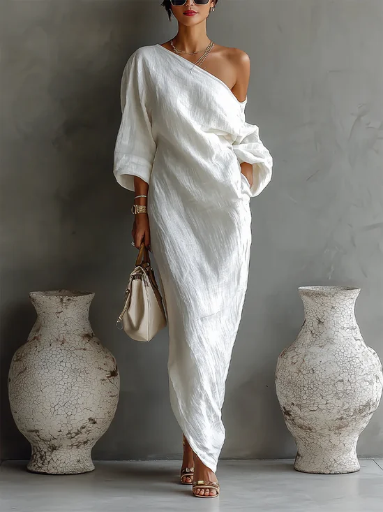 Cotton And Linen Casual Plain Balloon Sleeve Irregular Craftsmanship Maxi Dress