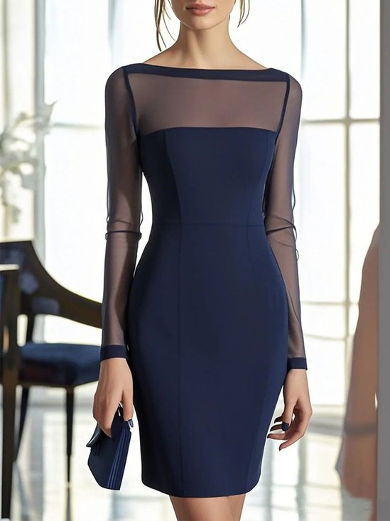 Elegant Plain Mesh Boat Neck Mini Dress