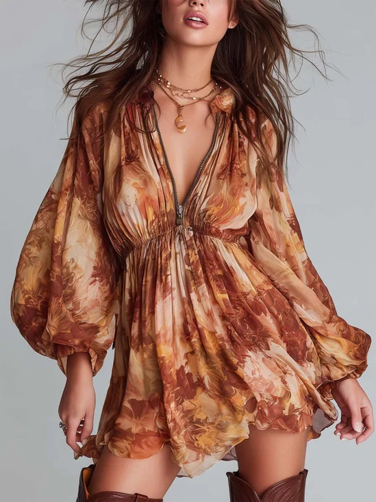 Vacation Random Print Balloon Sleeve Printing Stand Collar Mini Dress