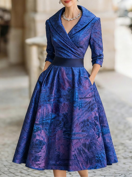 Elegant Random Print Ruched Shawl Collar Knee Length Dress