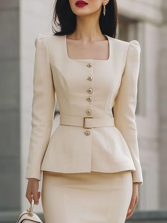 Elegant Buttoned Plain Square Neck Jacket With Belt