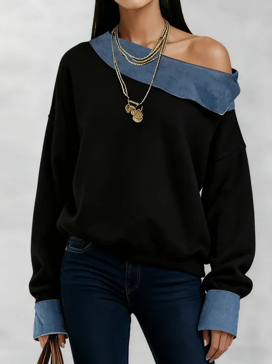 Casual Color Block Irregular Craftsmanship Asymmetrical Blouse