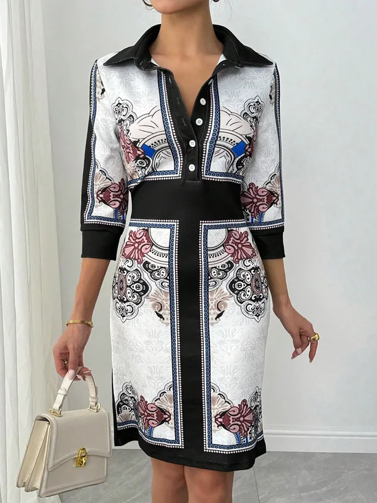 Casual Random Print Printing Shirt Collar Knee Length Dress