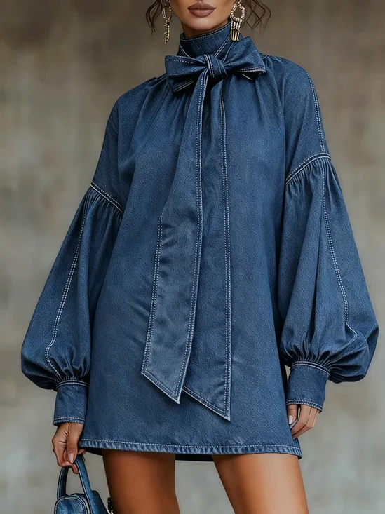 Urban Plain Raglan Sleeves Bow Stand Collar Denim Mini Dress