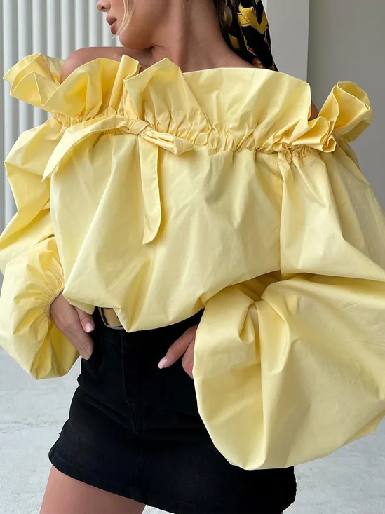 Cotton Elegant Plain Cold Shoulder Balloon Sleeve Blouse