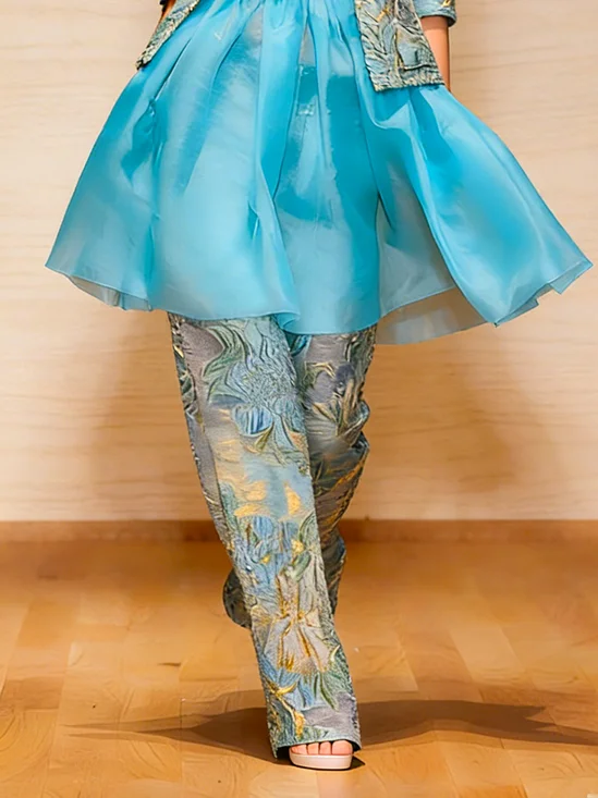 Jacquard Elegant Floral Wide Leg Pants