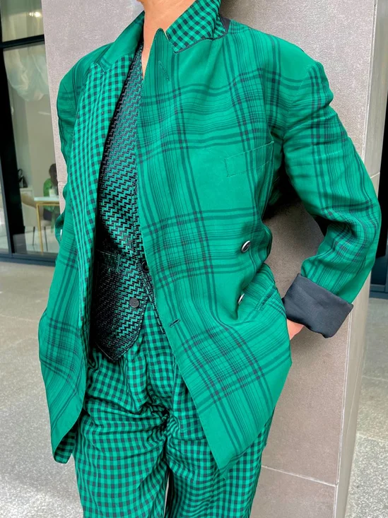 Casual Buttoned Plaid Lapel Collar Blazer