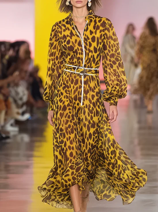 Elegant Geometric Balloon Sleeve Printing Midi Dress With Belt