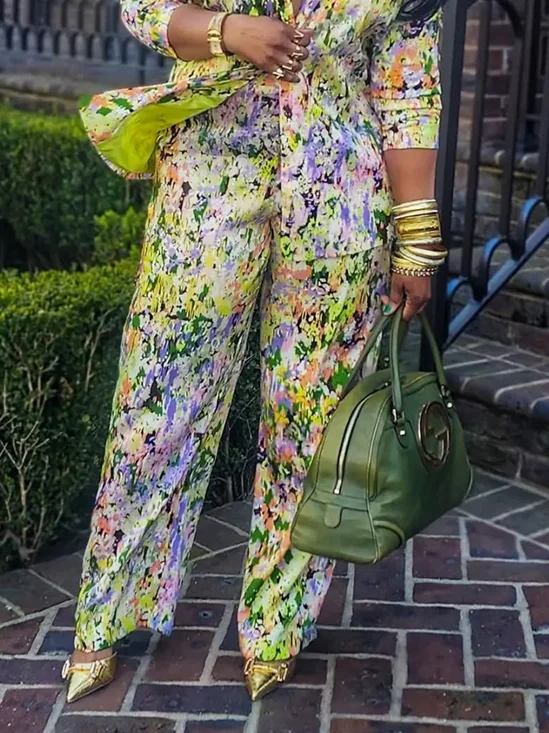 Elegant Random Print Printing Wide Leg Pants