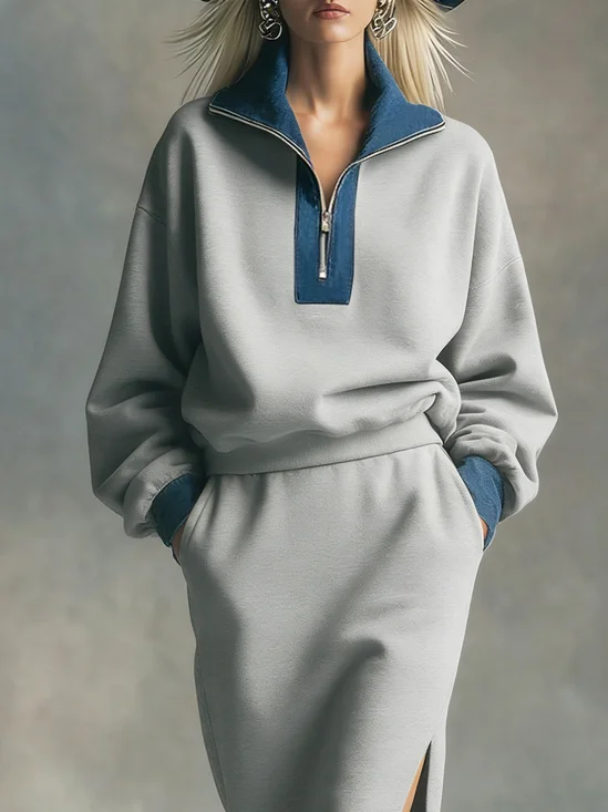 Casual Color Block Shirt Collar Sweatshirt