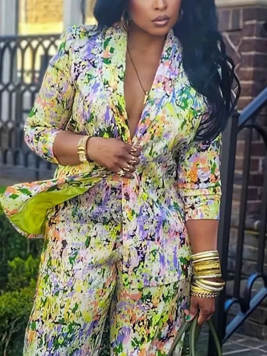 Elegant Printing Random Print Lapel Collar Blazer
