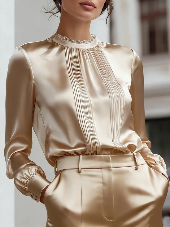 Satin Elegant Plain Lace Edge Stand Collar  Blouse