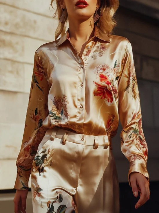 Satin Urban Floral Printing Shirt Collar Shirt