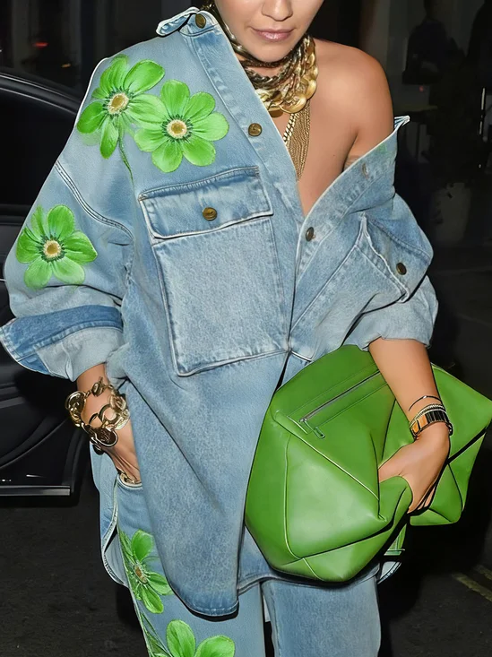 Casual Floral Buttoned Denim Shirt