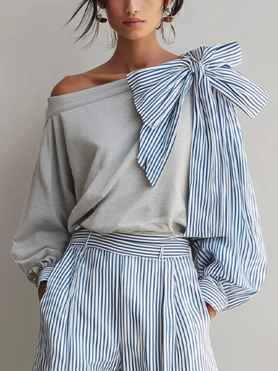 Urban Striped Bow Cold Shoulder Balloon Sleeve Blouse