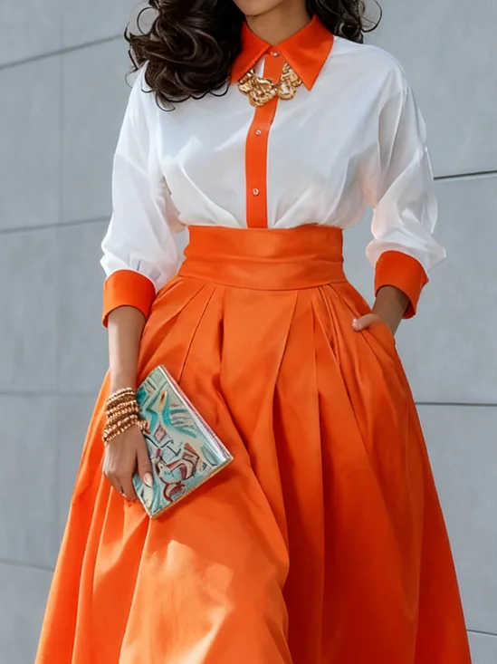 Elegant Color Block Shirt Collar Shirt
