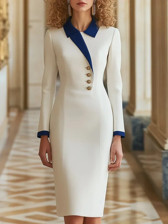 Elegant Color Block Buttoned Asymmetrical Knee Length Dress