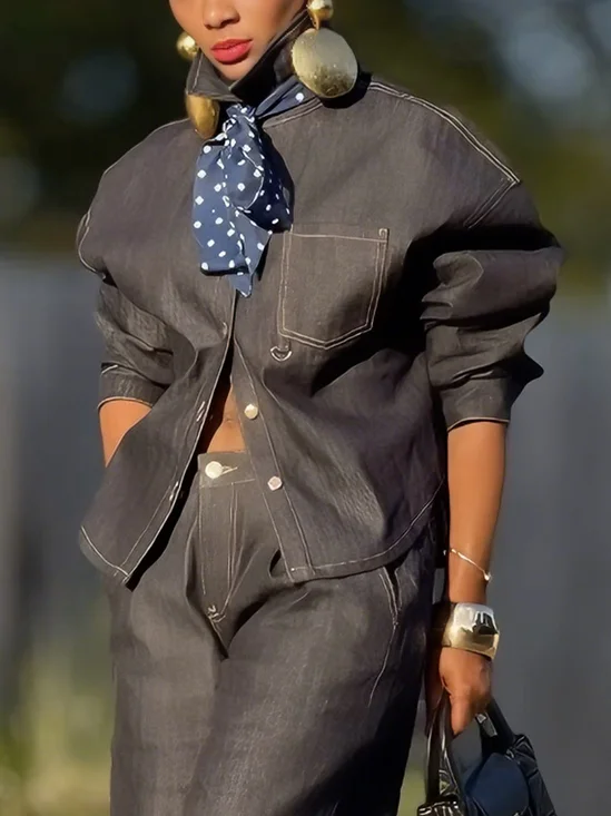 Casual Plain Shirt Collar Denim Shirt