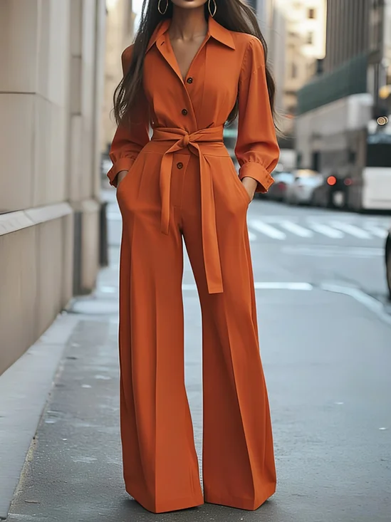 Urban Plain Shirt Jumpsuit With Belt