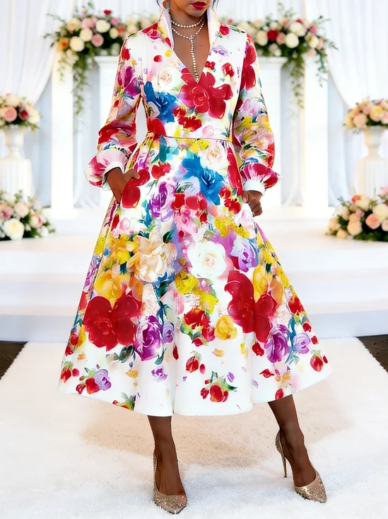 Elegant Floral Balloon Sleeve Printing Shirt Collar Midi Dress