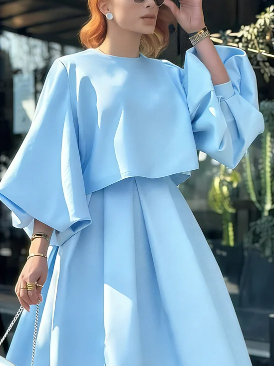 Elegant Plain Crew Neck Balloon Sleeve Blouse