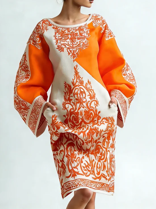 Elegant Geometric Bell Sleeve Printing Knee Length Dress