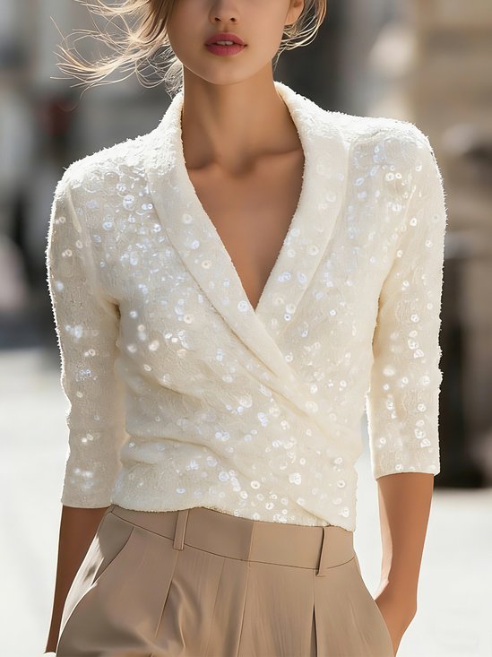 Glitter Elegant Plain Cross Neck Blouse