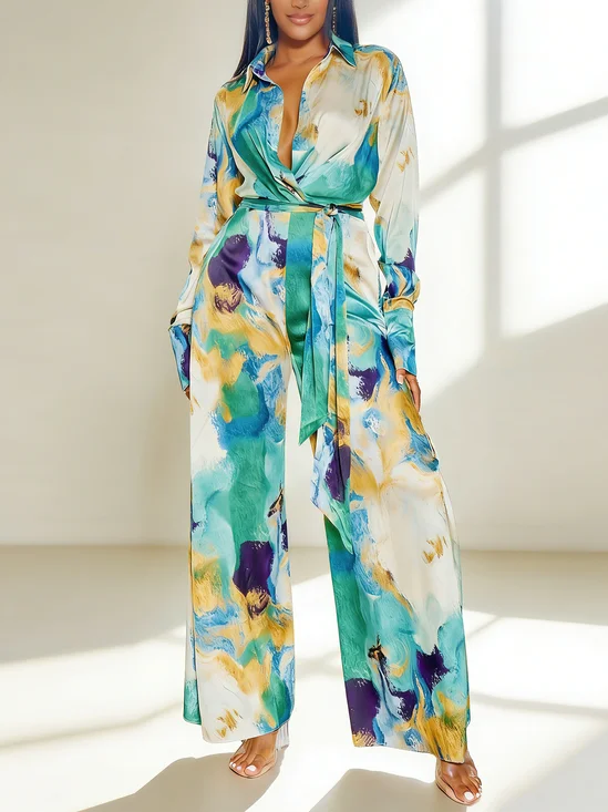 Casual Random Print Shawl Collar Jumpsuit With Belt