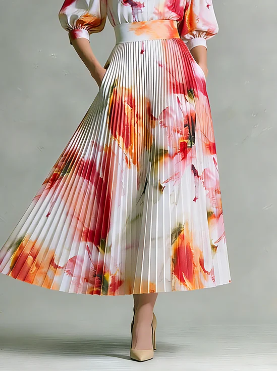 Elegant Pleated Floral Midi Skirt