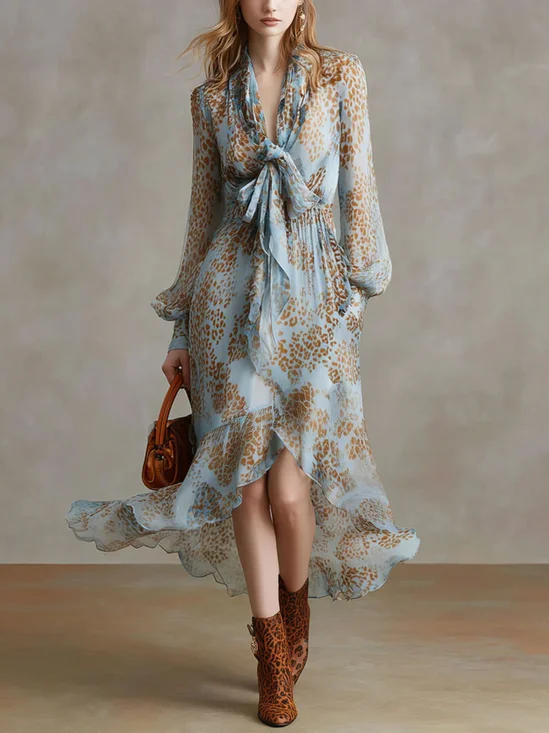 Elegant Leopard Balloon Sleeve Lace-up Midi Dress