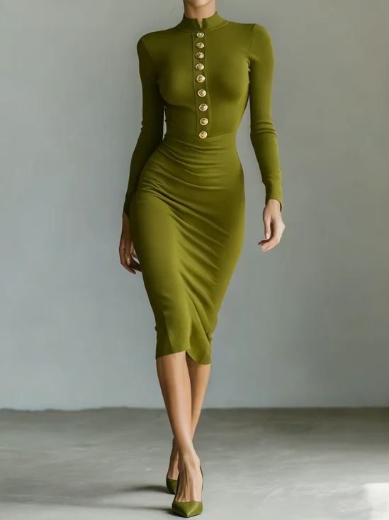 Elegant Plain Stand Collar Midi Dress