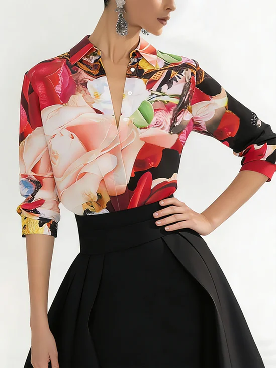 Elegant Floral Printing Shirt Collar Shirt